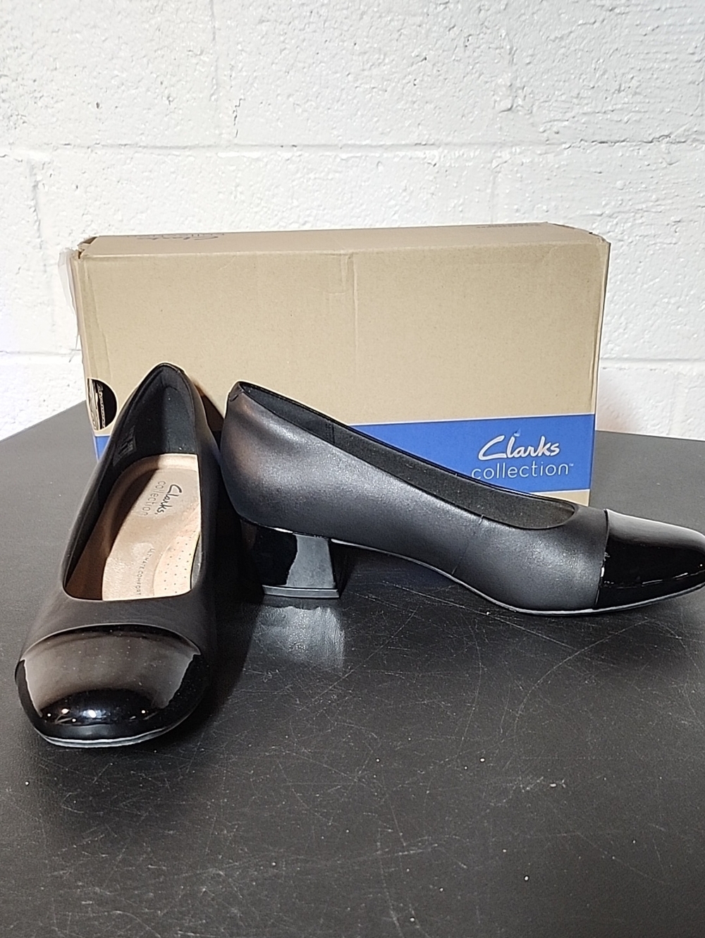 Clarks Black Satin & Patent Low Block Heel Pumps
